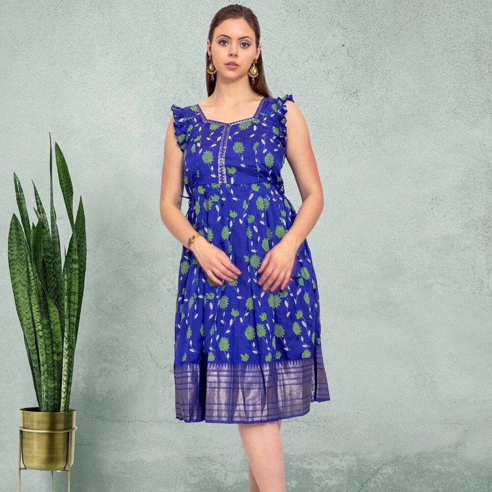 Blue Floral Festive Silk Knee-Length Dress | Indian Dress in USA Online